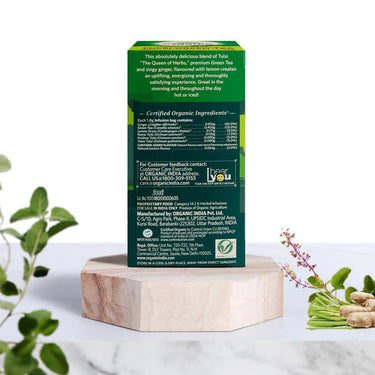 A TATA Product - Organic India Tulsi Green Tea Lemon Ginger - 25 Teabags, Herbal Blend with Green-Tea, Tulsi, Lemon & Ginger, Supports Digestion, Refreshing Taste, Natural Ingredients